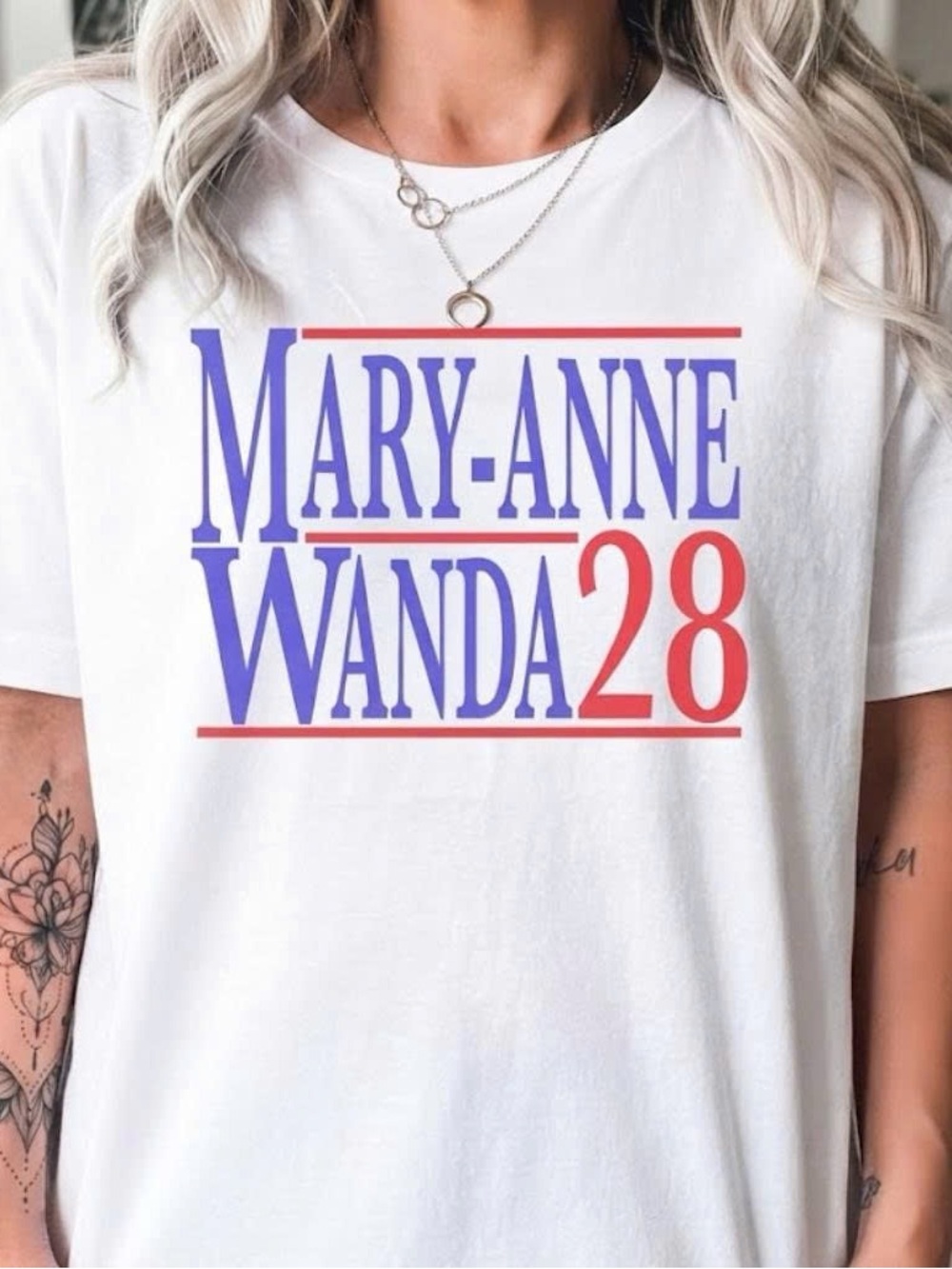 Vintage White Tee with Blue and Red Mary-Anne Wanda 28 Graphic